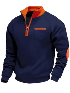 Men's Heavyweight Fleece Lined Quarter Zip Stand Collar Sweatshirt Patch Design Long Sleeve Pullover Casual Warm Fashion Top