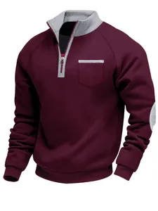 Men's heavy fleece half-zip stand collar burgundy sweatshirt with grey elbow patches detail