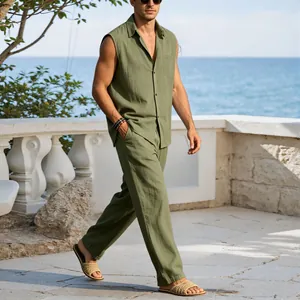 Stylish olive green linen sleeveless shirt and matching trousers set for men's beach vacation