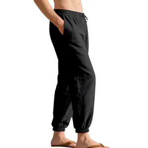 Men's black linen jogger pants with elastic waist and side pockets for summer