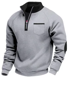 Men's heavy fleece sweatshirt with quarter zip stand collar and elbow patches