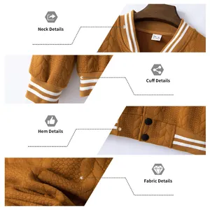 Detail view of men's knitted baseball jacket showing neck, cuff, hem and fabric texture
