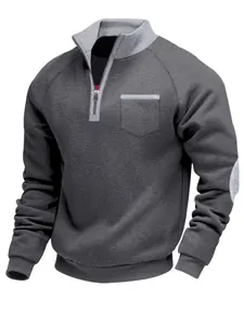 Men's heavyweight warm quarter-zip stand collar sweatshirt with elbow patches in charcoal grey