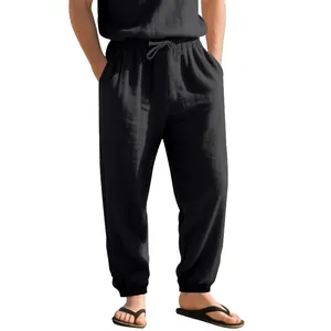 High-quality men's black breathable cotton linen joggers with adjustable drawstring waist