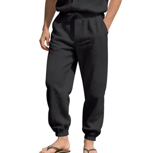 Men's breathable black cotton linen jogger pants with elastic drawstring waist and side pockets