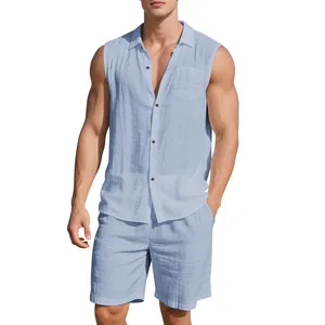 Front view of men's sleeveless linen shirt and shorts set in light blue summer style