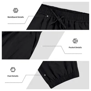 Detailed view of men's black linen jogger pants waistband, pockets and elastic cuffs