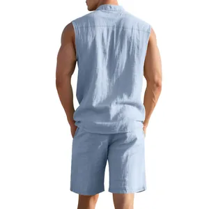 Back view of a men's light blue linen sleeveless shirt and shorts two-piece casual set