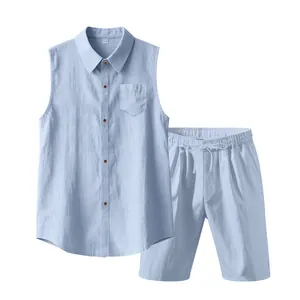 Detail view of men's blue breathable linen sleeveless shirt and shorts summer casual set