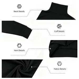 Primer plano de camiseta negra de cuello alto que muestra detalles de cuello, puños y tela