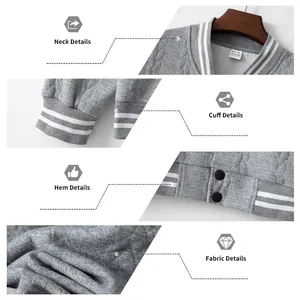 Detailed view of grey knitted varsity jacket showing neck, cuff, hem and textured fabric.