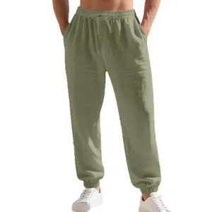 Men's breathable olive green linen cotton joggers with elastic drawstring waist and cuffs