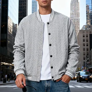 Men's grey cable knit baseball jacket featuring a loose fit and striped ribbing details.