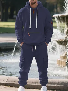 Men's navy blue fleece-lined oversized hoodie and multi-pocket cargo sweatpants set