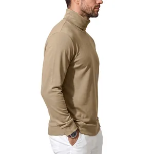 Vista lateral de sudadera térmica de cuello alto caqui para hombre, textura suave