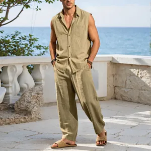 Men's two-piece linen set featuring a sleeveless lapel shirt and casual wide-leg pants.