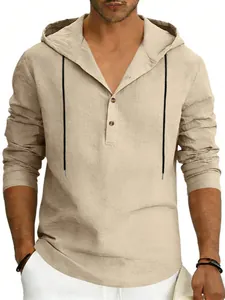 Camicia casual in lino da uomo con cappuccio e maniche lunghe beige con scollo henley