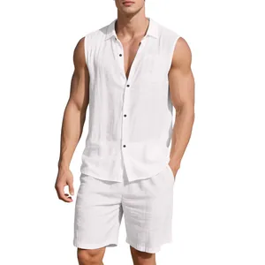 High-quality detail view of men's white sleeveless linen shirt and matching shorts set.