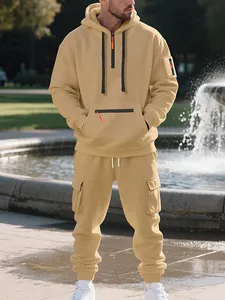Men's oversized fleece tracksuit set with multi-pocket hoodie and cargo pants