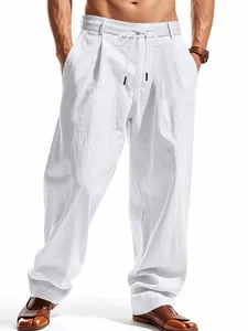 Men Casual Linen Pants Loose Fit Breathable Straight Leg Drawstring Waist Trousers Fashion Solid Color Lightweight Bottom