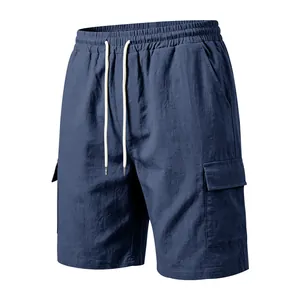 Vista frontal de pantalones cortos cargo de lino azul marino para hombre con cordón