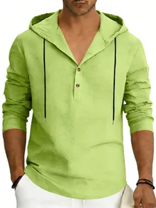 Felpa casual da uomo in lino verde lime a maniche lunghe con scollo a bottoni