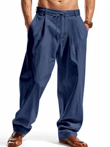 Men's loose breathable linen casual pants with drawstring waist and straight leg fit