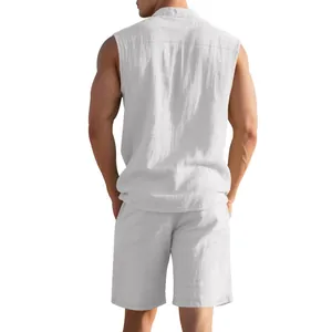 Detailed back view of men's white breathable linen sleeveless shirt and shorts summer set