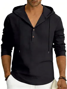 Camicia casual da uomo in lino nero con cappuccio, maniche lunghe e scollo Henley