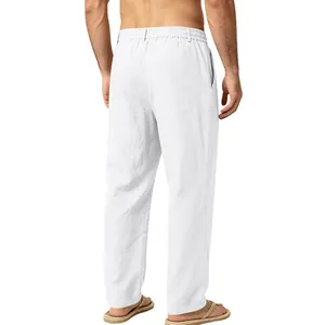 Rear view of men's white linen straight-leg casual trousers with elastic waist