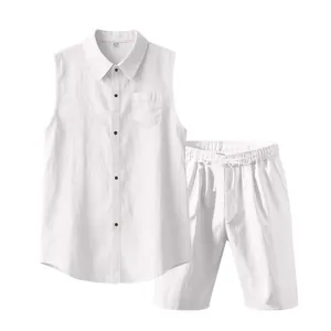 Detail view of men's white sleeveless linen shirt and matching casual shorts set