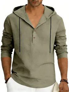 Camicia da uomo in lino con cappuccio maniche lunghe verde oliva e collo a bottoni