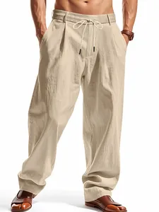 Breathable men's loose fit linen casual pants with comfortable drawstring waist
