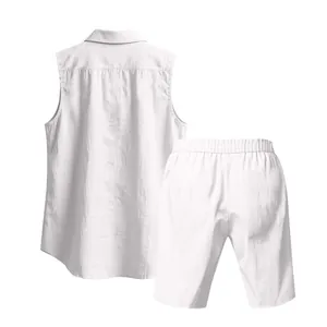 Back view of men's white linen sleeveless shirt and shorts summer two-piece casual set