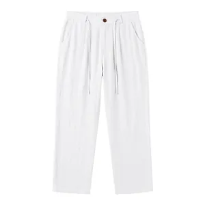 Front view of men's loose white linen casual trousers with drawstring and button waist