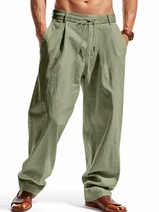 Men's loose linen casual pants with drawstring waist in olive green, straight leg fit.