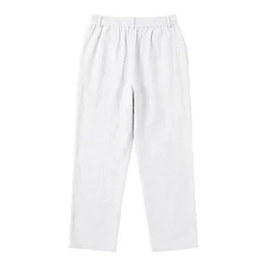 Detailed view of white linen men's casual loose trousers with elastic waist design