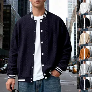 Men's knitted baseball jackets in multiple colors shown in a city street setting.