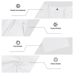Detail views of white linen pants showing waistband, pocket, and fabric texture details.