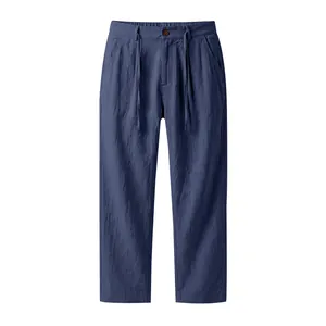 Detail view of men's loose linen casual straight pants with drawstring waist