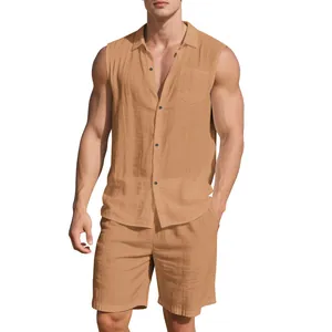 Detailed view of the linen texture and relaxed fit of the men's summer casual clothing set