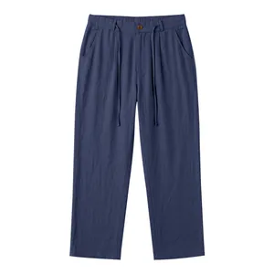 Men's navy blue linen straight-leg trousers with drawstring elastic waist