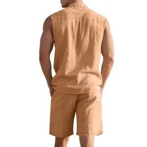 Back view of men's casual linen sleeveless shirt and shorts set in peach color