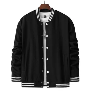 Detailed view of black knitted baseball jacket with textured pattern and striped trim.