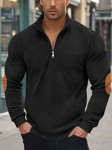 Herren Sweatshirt mit halbem Reißverschluss, Kord-Struktur und braunen Ellbogen-Patches