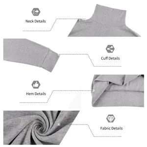 Detalles de cuello, puño, dobladillo y tela suave de la sudadera gris con cuello alto de hombre