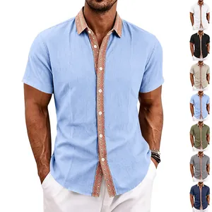 Herren Casual Leinenmischung Kurzarmhemd Ethnisch Farbblock Revers Polohemd Atmungsaktiv Sommer Knopfleiste Top