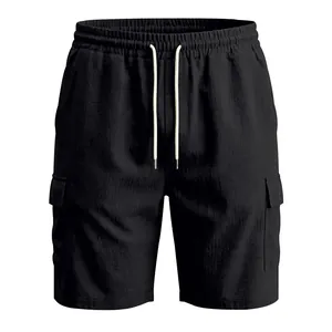 Pantalones cortos cargo negros de algodón y lino para hombre con cordón y bolsillos
