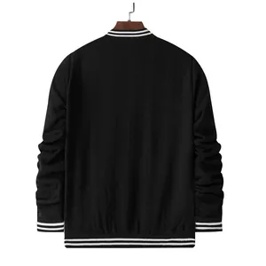 Back view of black knitted baseball jacket with white striped ribbing accents