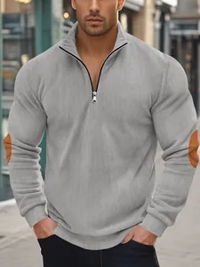 Graues Herren-Cord-Sweatshirt mit halbem Reißverschluss, Stehkragen und Ellbogen-Patches